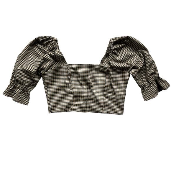 Whimsy + Row Tops - Whimsy + Row Eden Plaid Crop Square Neck Top Size Large Puff Sleeve